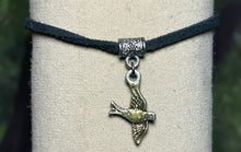 Load image into Gallery viewer, Charming POWER Arm BAND-IT Black Faux Suede Cord Sparkling Bird in Flight (Endings: &quot;Love/Adventure&quot;)