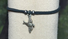 Load image into Gallery viewer, Charming Personal POWER Arm BAND-IT Black Faux Suede Cord Sparkling &quot;Peace&quot; Bird in Flight (Endings: &quot;Love/Adventure&quot;)