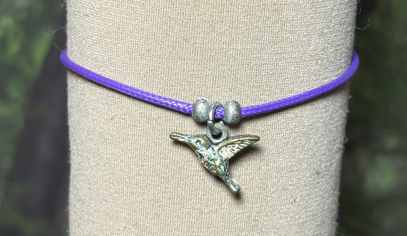 Charming Personal POWER Arm BAND-IT Purple Cord Colorful Peace Hummingbird (Love/Adventure Endings)