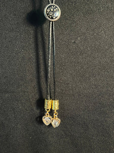 "I" CORD-IT Black Round Ornate Floral/Crystal Heart Dangles