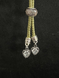 "I" CORD-IT Olive Green Faceted Misty Glass Bead/Crystal Heart Dangles