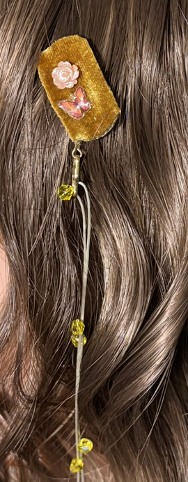 CLIP-IT XTension Tiny RoseBud Butterfly Golden Brown Velvet & Stretchy Gold Faceted Crystals