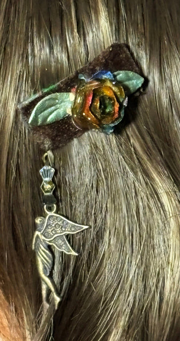 CLIP-IT Charming Attachment Leafed Rainbow RoseBud Brown Velvet & Fairy Angel