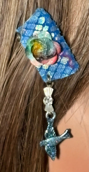 CLIP-IT Charming Attachment Rainbow RoseBud Blue Holographic Velvet & Glittery Blue Bird