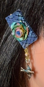 CLIP-IT Charming Attachment Rainbow RoseBud Blue Holographic Velvet & Colorful Bird