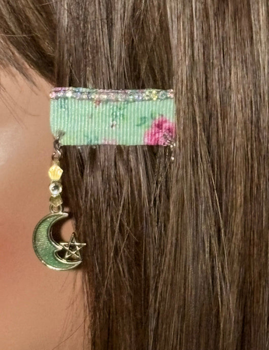 CLIP-IT Charming Attachment Pink Flower on Mint Green Tiny Rhinestone Trim & Star & Crescent Moon