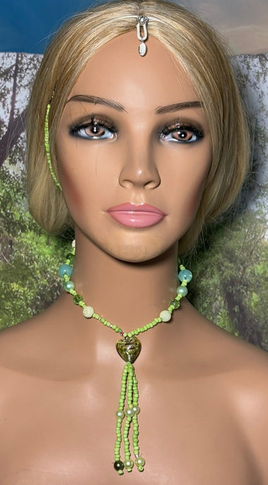 Personal POWER BAND-IT Shades of Green Glass Bead Array Fringed Lampworked Bead