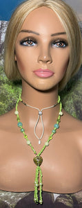 Personal POWER BAND-IT Shades of Green Glass Bead Array Fringed Lampworked Bead