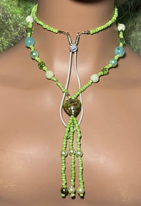 Personal POWER BAND-IT Shades of Green Glass Bead Array Fringed Lampworked Bead