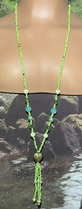 Personal POWER BAND-IT Shades of Green Glass Bead Array Fringed Lampworked Bead