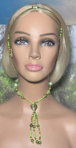 Personal POWER BAND-IT Shades of Green Sculpted Glass Bead Array Fringed Lampworked Heart