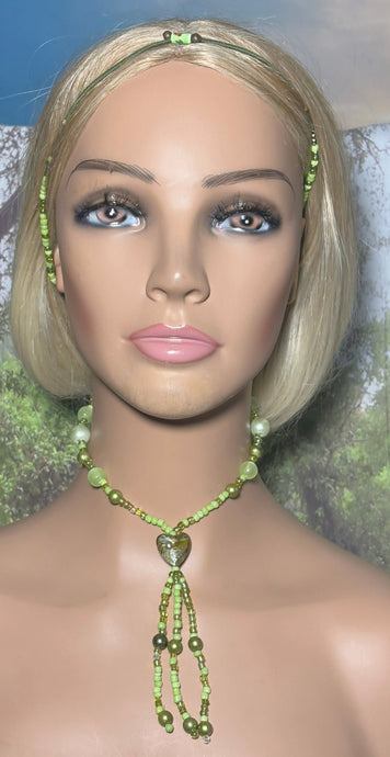 Personal POWER BAND-IT Shades of Green Sculpted Glass Bead Array Fringed Lampworked Heart