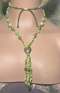 Personal POWER BAND-IT Shades of Green Sculpted Glass Bead Array Fringed Lampworked Heart