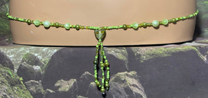Personal POWER BAND-IT Shades of Green Sculpted Glass Bead Array Fringed Lampworked Heart