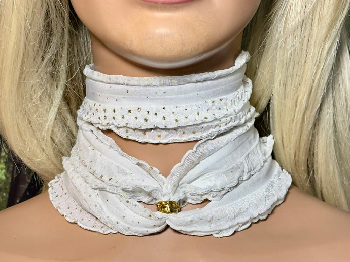 SCARF BAND-IT Designer Edition Stretchy Frilly Gold Glitz on White
