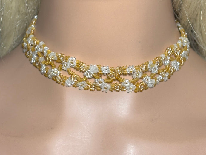 Personal POWER BAND-IT Gold & Clear Woven Seed Bead Flower Power