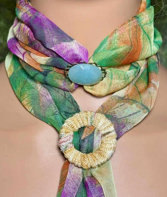 SCARF BAND-IT Exclusive Edition Multi Color Abstract Large Genuine Green Gemstone