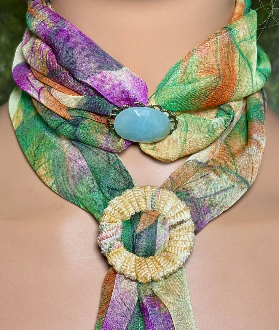 SCARF BAND-IT Exclusive Edition Multi Color Abstract Large Genuine Green Gemstone